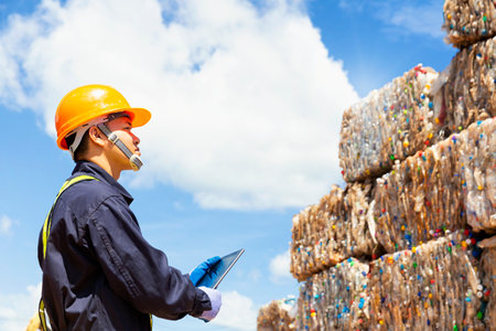 Engineer and recycle. Engineers standing in recycling center. Male foreman wearing protective equipments and holding tablet.の写真素材