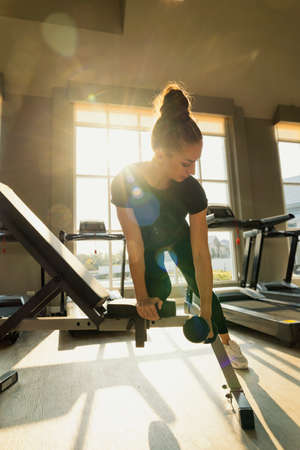 Concept fitness sport training lifestyle. Young woman lifting dumbbells. Active sport athletic woman...