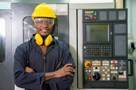 Professional technicians are controlling industrial machinery online. Engineer working and control robot with tablet. Young technicians factory worker controlling the work.の写真素材