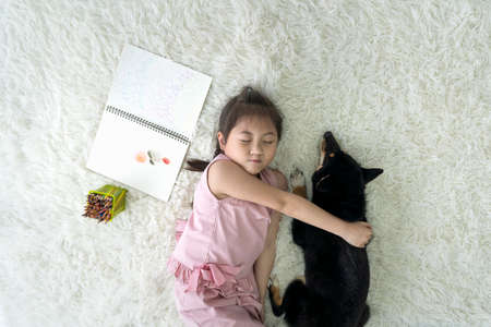 An Asian girl is sleeping hugging a Shiba Inu on the carpet in the living room.の写真素材