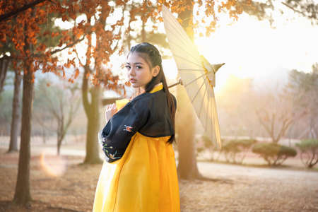 Korean girl wearing a hanbok holding a umbrella. Beautiful Female wearing traditional Korean hanbok with maple leave in Autumn leaves, Korea. Asian woman tourists.の写真素材