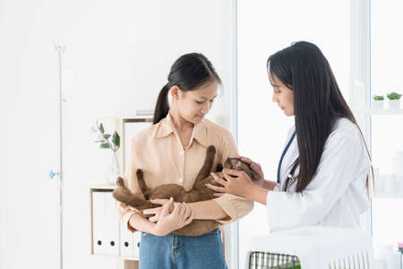 Visiting veterinary doctor. The cat with veterinary doctor at vet clinic.の写真素材