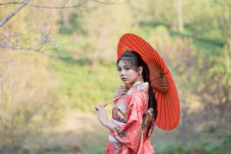 A girl in a traditional kimono (kimono) holding a red umbrella in Kyoto.の写真素材