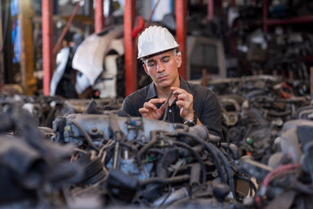 Engineers in the factory. A skilled mechanic inspecting auto parts in a factory.の写真素材