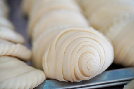 Curry Puff Background. Favourite snack of Saraburi, Thailand, curry puff on a plate.の写真素材