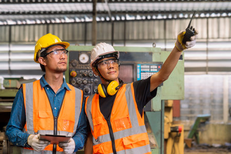 Good looking engineer in uniform and helmet using tablet computer at factory. Worker with safety...