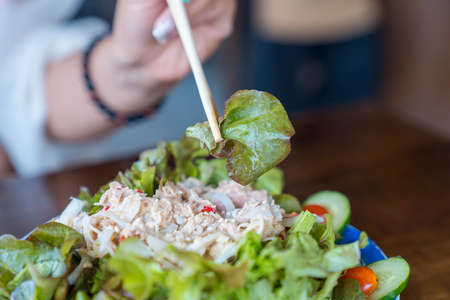 Japanese tuna salad with red seaweed and vegetables. Japanese Salad vegetables in a plate are placed on the table.の写真素材