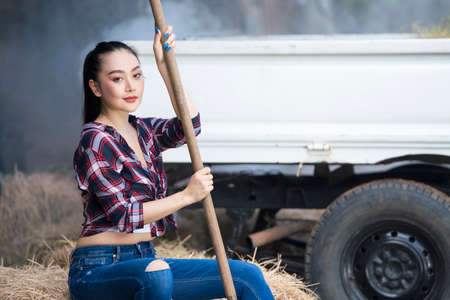 Young adult Asian woman fashion in natural environment. Human trust and affection with horse. Woman...