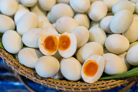 Food backgrounds. Salted duck egg. Traditional easter market cuisine and ingredients. Easter breakfast on the market.の写真素材