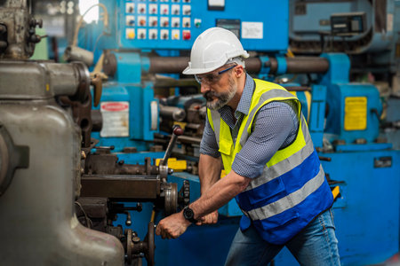 Technicians wearing gloves, helmets, working in an industrial factory. Male with protective gloves...