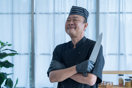 The Asian man with kitchen knife presenting a set of sashimi. Working hours in sushi bar. Happy...