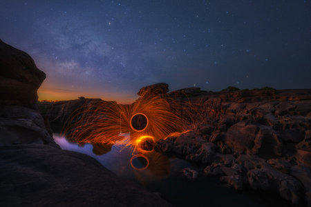 Swirl lights at Grand canyon Thailand. Grand canyon Sam phan bok at Ubonratchathani. Sam Phan Bok with milky way and stars at night, Ubon Ratchathani, Thailand.の写真素材