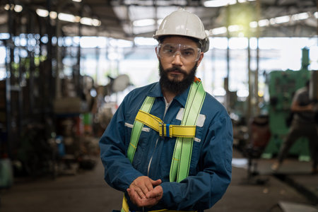 The technician is working in a steel factory. The Industrial engineer wearing protective clothing puts on hard hat.の写真素材