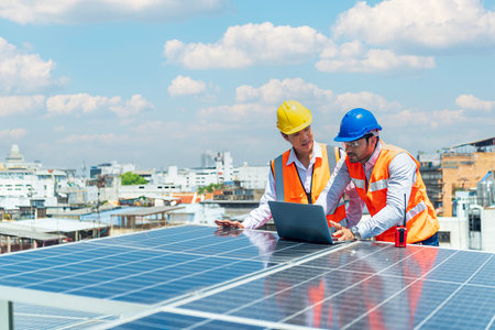 Foreman and Worker maintaining solar energy panel. Technicians use a laptop computer with solar to lead the team.の写真素材