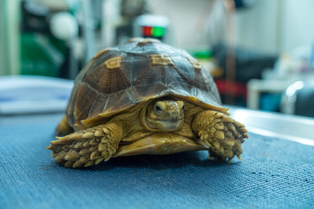 Turtles are Exotic Pets. Sulcata Tortoise or African spurred tortoise. Veterinarian examining a tortoise in a veterinary clinic.の写真素材