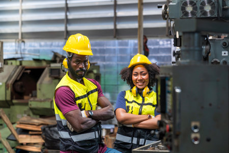 man and women are working in industrial plants. Foreman Hold clip board the  in your hand to see how the machine works.の写真素材