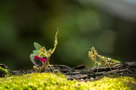 A mantis was emerging from the niche of the tree. Flower mantis Defense were fighting on the mossy...