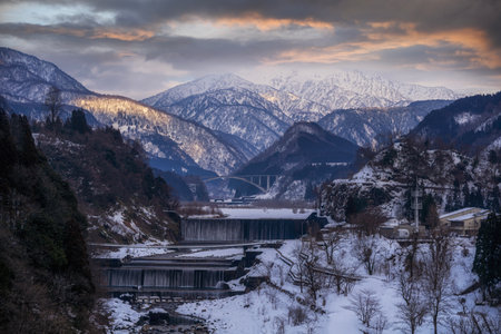 Hongu Check Dams in japan. River where water flows down. spillway in japan.