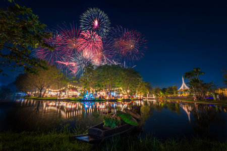Fireworks at the floating market. Garden in Thailand. Fireworks show and prople looking at it at Suanluang Rama 9 park in Bangkok, Thailand. Dec 1, 2024の写真素材