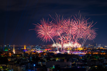 The fireworks in event Vijit Chaophraya 2024 at Memorial Bridge, Bangkok, Thailand.の写真素材