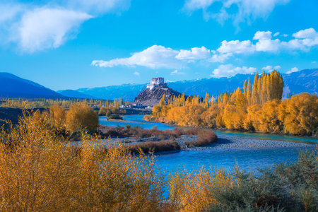 The monastery above Indus river in the Indian Himalaya, Leh Ladakh, India.の写真素材