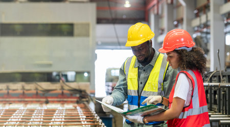 Man and woman is focused working on a machine in a factory. Staff and engineer is inspecting the...