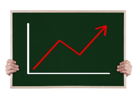 rising graph on blackboard with handsの写真素材