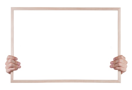 blank whiteboard with hands isolated on whiteの写真素材