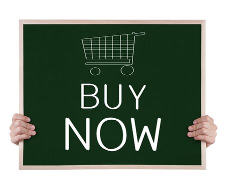 buy now on blackboard with handsの写真素材