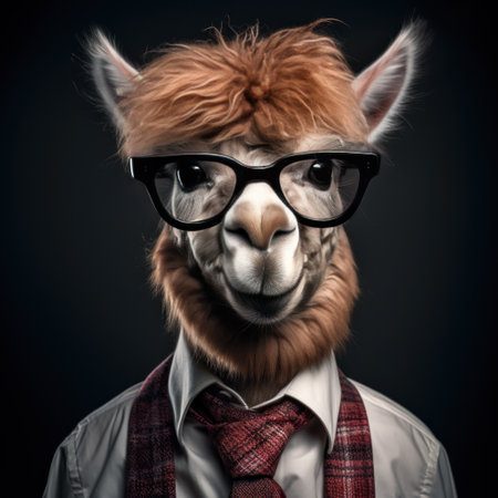 Portrait of a stylish young male llama wearing glasses and a red tie. Generative AIの素材