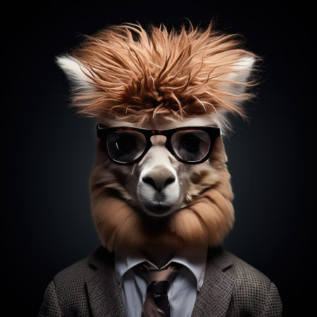 Portrait of a funny alpaca wearing glasses and a suit. Generative AIの素材