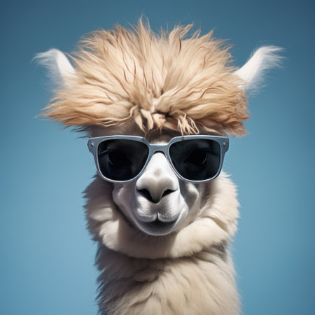 Funny alpaca wearing sunglasses and looking at camera on blue background. Generative AIの素材
