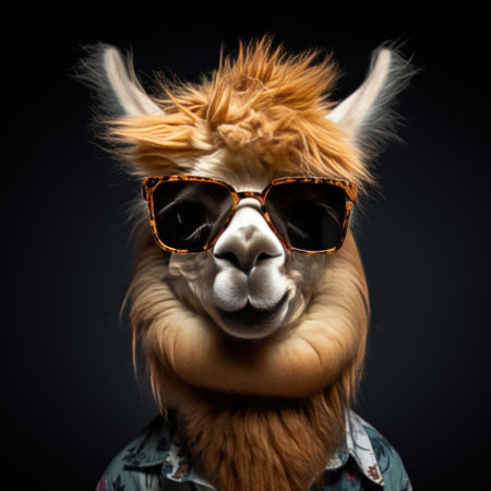 Portrait of a cute alpaca wearing sunglasses on dark background. Generative AIの素材