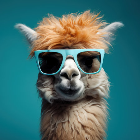 Portrait of cute funny alpaca wearing sunglasses on blue background. Generative AIの素材