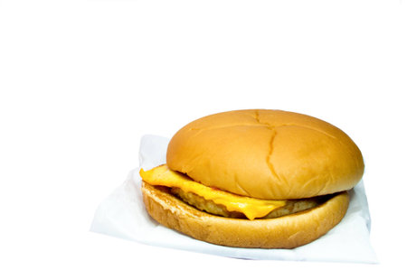 Pork cheese burgers and french fries in a red box on a white background.の写真素材