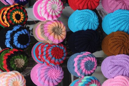 various colorful knitted hat in marketの写真素材