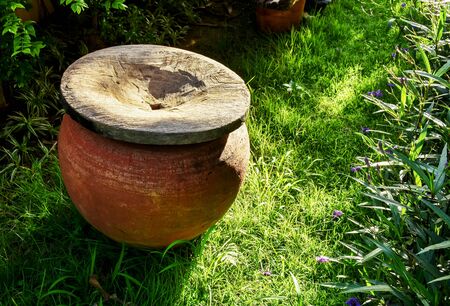 Green garden inq sunlight. A clay jar for water storage with wooden lid in green garden.の写真素材