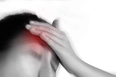 women has inflammation and swelling cause a pain the headache, isolated on white background.の写真素材
