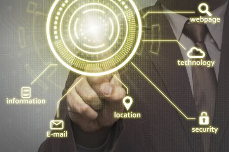 Businessman on blurred background working together and technology theme drawing hologram. Big data concept. Computer background.の写真素材