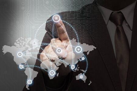 Businessman on blurred background working together and technology theme drawing hologram. Big data concept. Computer background.の写真素材