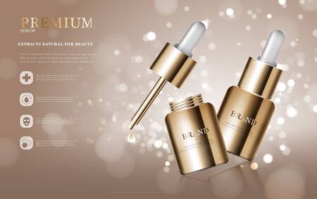 Hydrating facial serum for annual sale or festival sale. silver and gold serum mask bottle isolated on glitter particles background. Graceful cosmetic ads, illustration.のイラスト素材