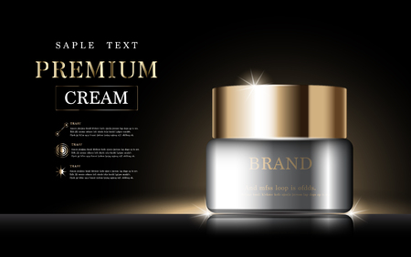 Hydrating facial cream for annual sale or festival sale. silver and gold cream mask bottle isolated on glitter particles background. Graceful cosmetic ads, illustration.のイラスト素材