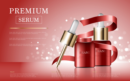 Hydrating facial serum for annual sale or festival sale. red and gold serum mask bottle isolated on glitter particles background. Graceful cosmetic ads, illustration.のイラスト素材