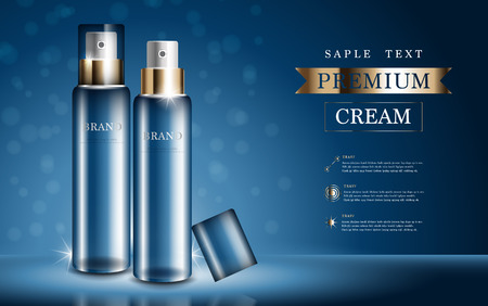 Hydrating facial cream for annual sale or festival sale. blue and gold cream mask bottle isolated on glitter particles background. Graceful cosmetic ads, illustration.のイラスト素材
