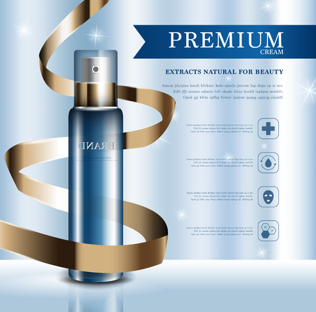 Hydrating facial cream for annual sale or festival sale. blue and gold cream mask bottle isolated on glitter particles background. Graceful cosmetic ads, illustration.のイラスト素材
