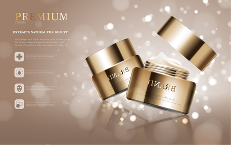 Hydrating facial cream for annual sale or festival sale. gold cream mask bottle isolated on glitter particles background. Graceful cosmetic ads, illustration.のイラスト素材