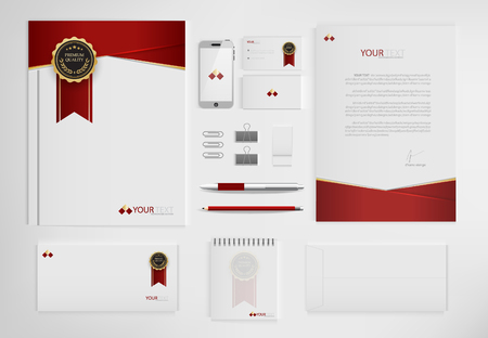 Set of office documents for business, Include laptop, tablet, smartphone, pen, pencils, paperclip, business cards, envelope, document file, certificate, vector Illustration.のイラスト素材