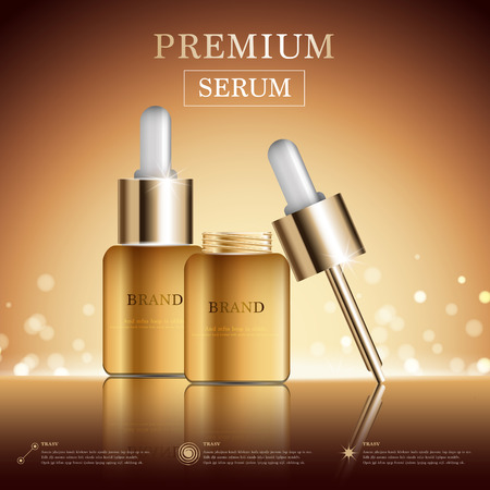 Hydrating facial serum for annual sale or festival sale. silver and gold serum mask bottle isolated on glitter particles background. Graceful cosmetic ads, illustration.のイラスト素材