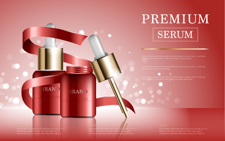 Hydrating facial serum for annual sale or festival sale. red and gold serum mask bottle isolated on glitter particles background. Graceful cosmetic ads, illustration.のイラスト素材