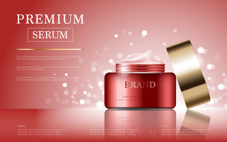 Hydrating facial cream for annual sale or festival sale. red and gold cream mask bottle isolated on glitter particles background. Graceful cosmetic ads, illustration.のイラスト素材